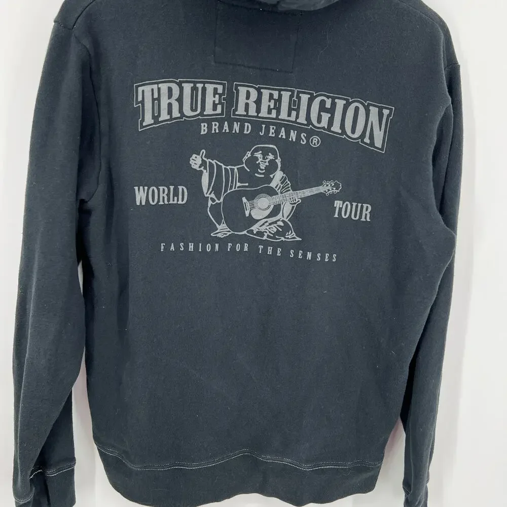True Religion Unisex Buddha Big Logo Black Hoodie World Tour Back Graphic Size M